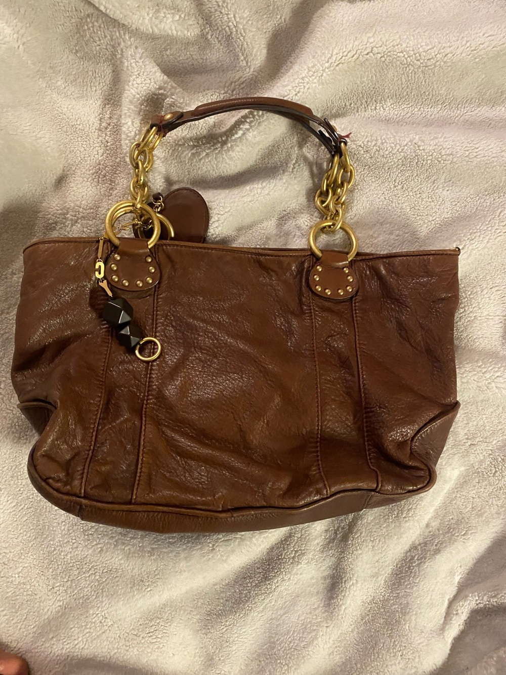 Juicy Couture Brown Leather Shoulder Tote with Gold Chain Handles